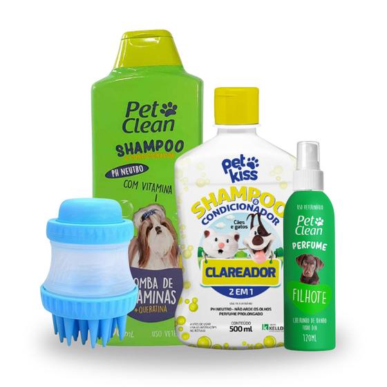 Imagem de Kit Shampoo Pet Vitaminas 700ml + Shampoo Pet Clareador 500ml + Perfume Pet 120ml + Escova de Banho