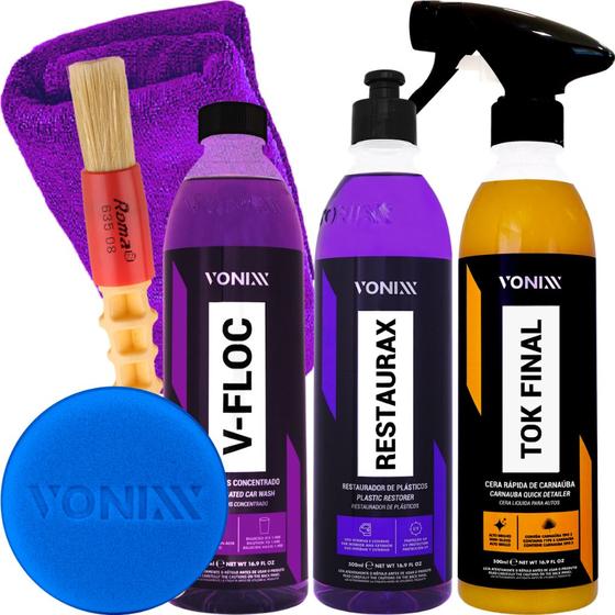 Imagem de Kit Shampoo VFloc Cera Tok Final Restaurax Pano Aplicador Pincel Vonixx Leve  Pano 