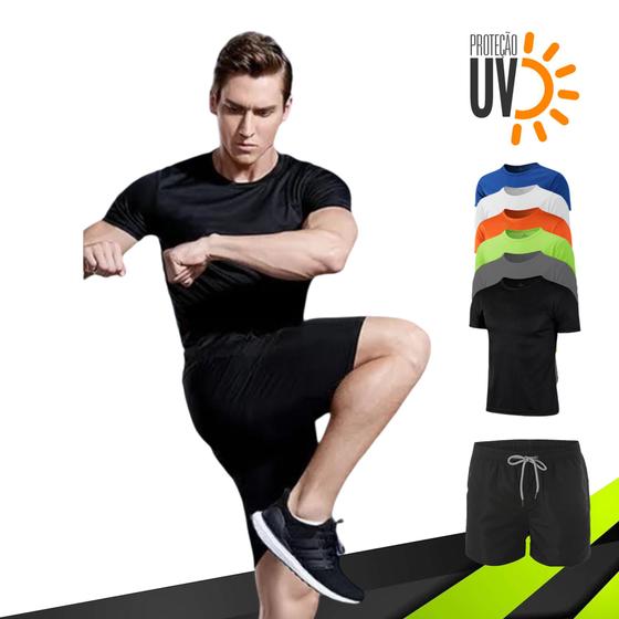 Imagem de Kit Short Bermuda ELITE + Camiseta Academia Fitness Corrida PROTEÇÃO UV SOLAR MC 707