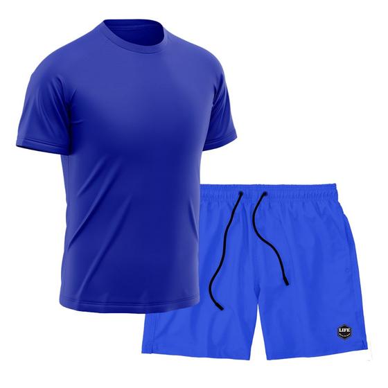 Imagem de Kit Short + Camiseta Dry Treino Fitness Academia Bermuda Camisa Praia Esporte Azul
