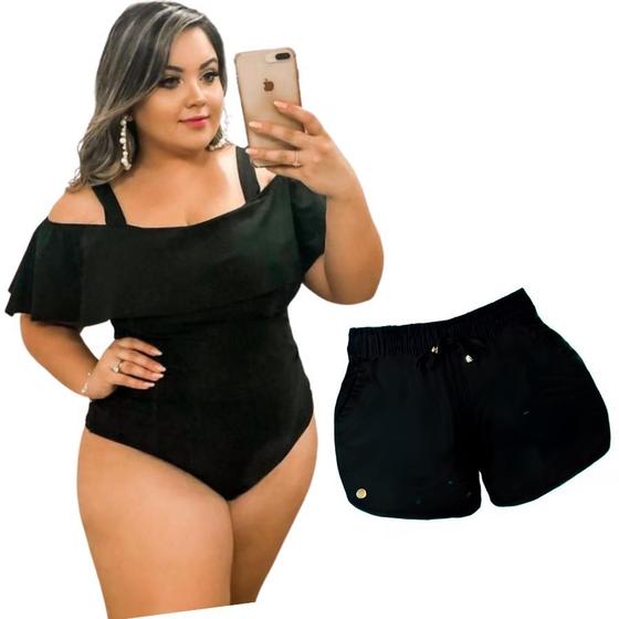 Imagem de Kit Short Feminino Plus Size Saída De Praia + Body Babado Ciganinha