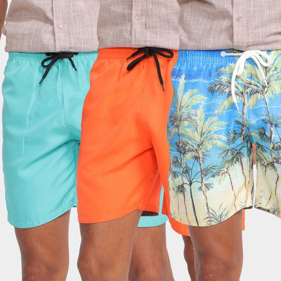 Imagem de Kit Short Praia Curto Wall Liso + Estampado Masculino 3 Peças