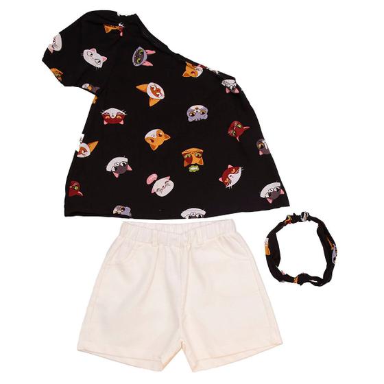 Imagem de Kit Shorts e Blusa de 1 Ombro Estampada e Faixa de Cabelo