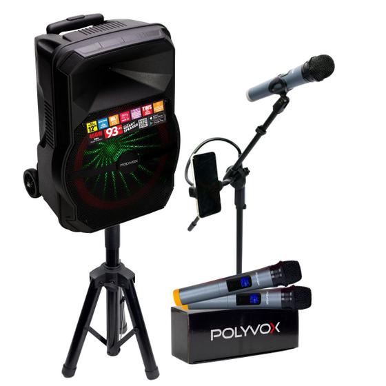 Imagem de Kit Show Polyvox c/ Caixa Amplificada XC-712T + Tripé para Caixa + Dois Microfones sem Fio + Pedestal para Microfone 