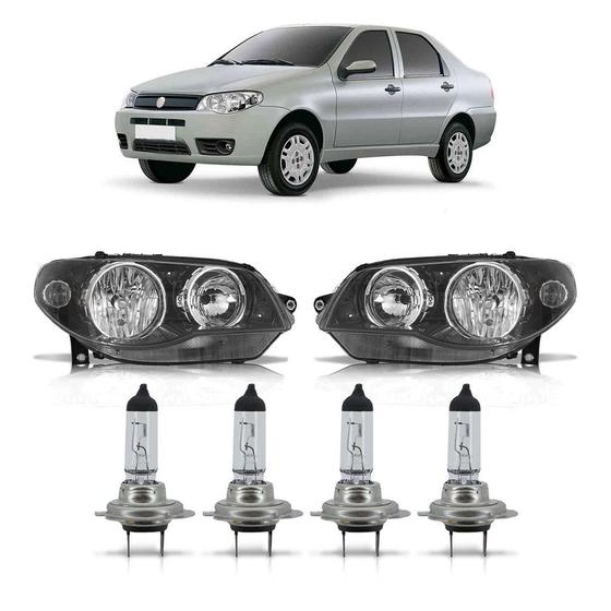 Imagem de Kit Siena Fire Par Farol Dianteiro Máscara Negra Canhão Cromado + 04 Lâmpadas Halógena H7 2011 A 2013