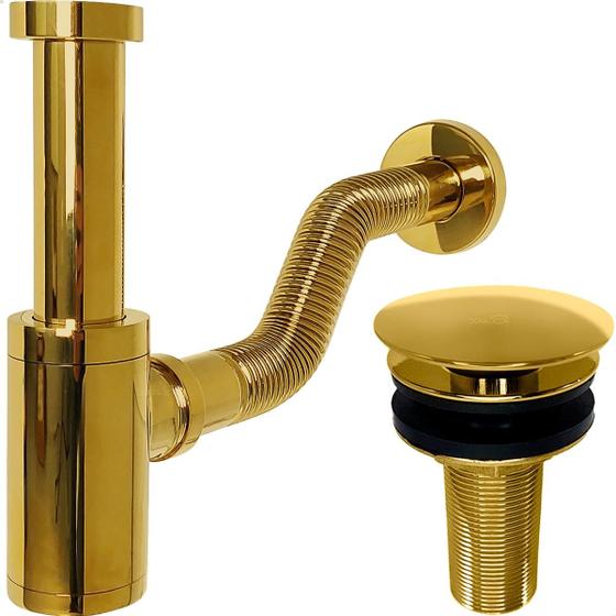 Imagem de Kit Sifão Copo Dourado Metal 7/8 Pol Com Tubo Ajustável Adaptável E Válvula Click 30mm Ralo De Pia Banheiro Lavatório Ralo Inox Cuba Lavabo 