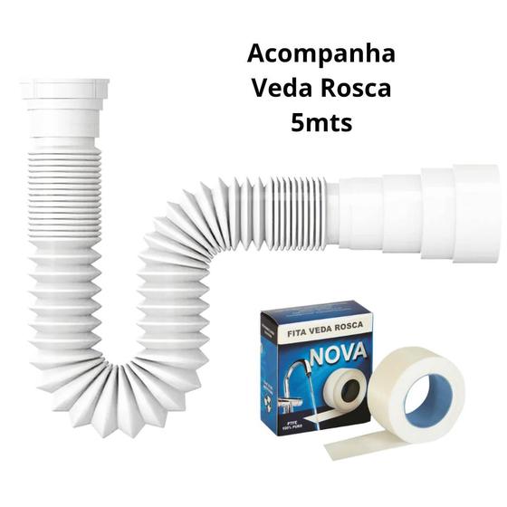 Imagem de Kit Sifão Sanfonado Flexível PVC Extensível Universal Branco Serve para Pia - Lavatório - Tanque - Veda Rosca 12mm X 5mts - Envio Imediato