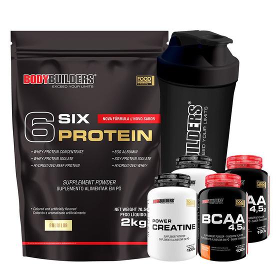 Imagem de Kit Six Protein 2kg + 2x BCAA 4,5 100g + 2x Power Creatine 100g + Coqueteleira  Bodybuilders