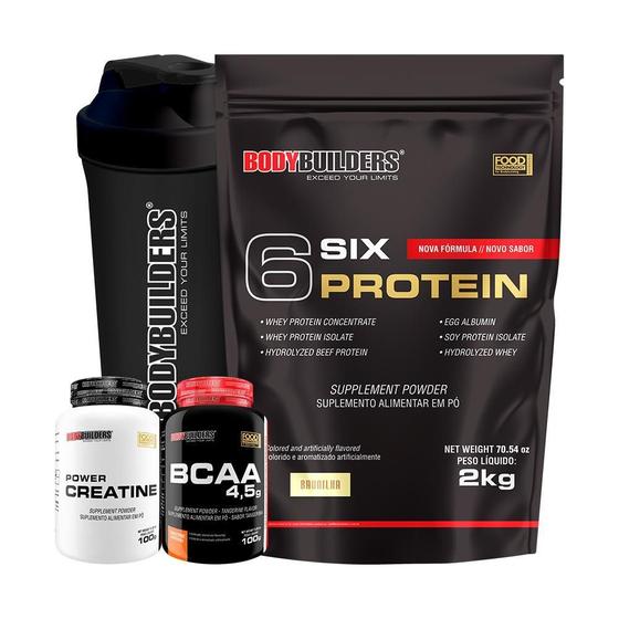 Imagem de Kit Six Protein 2Kg + Bcaa 4,5 100G + Power Creatina 100G + Coqueteleira Bodybuilders