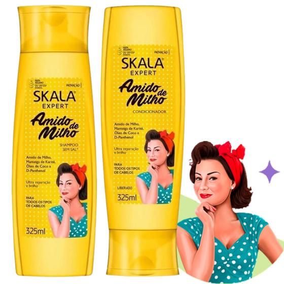 Imagem de Kit Skala Amido de Milho Shampoo Condicionador Tratamento Capilar Hidratante Força Brilho Maciez