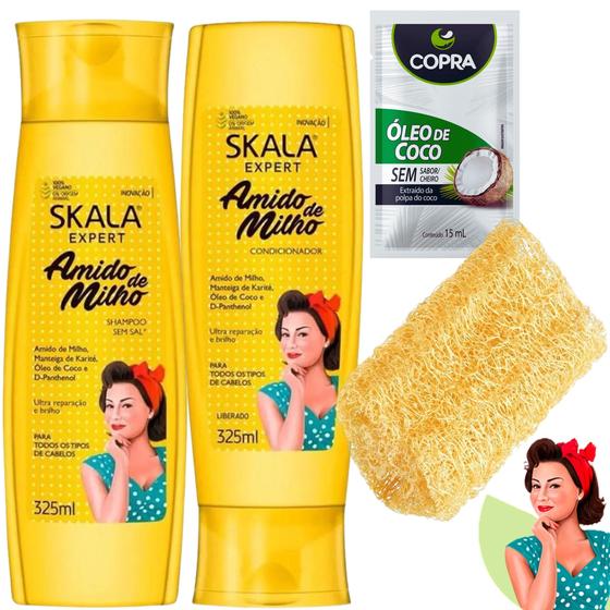 Imagem de Kit Skala Amido Milho Shampoo Condicionador Oleo Coco Bucha