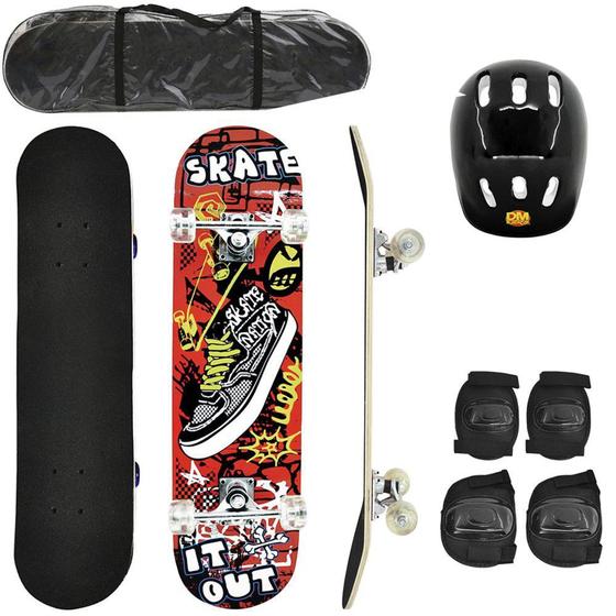 Imagem de Kit skate com shape de madeira + par de joelheira + cotoveleira e capacete - DM BRASIL