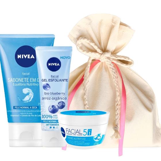 Imagem de Kit Skincare para Presente Pele Seca: Sabonete em Gel 150g+ Esfoliante Arroz Orgânico + Hidratante Nutritivo Nivea