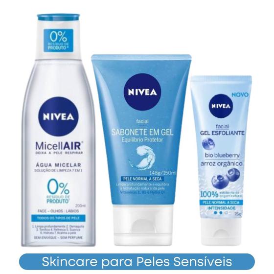 Kit Skincare Pele Sensível: Água Micelar 7 em 1 + Sabonete Equilíbrio Nutritivo + Esfoliante Facial Nívea Menor preço em Kit Skincare Pele Sensível: Água Micelar 7 em 1 + Sabonete Equilíbrio Nutritivo + Esfoliante Facial Nívea