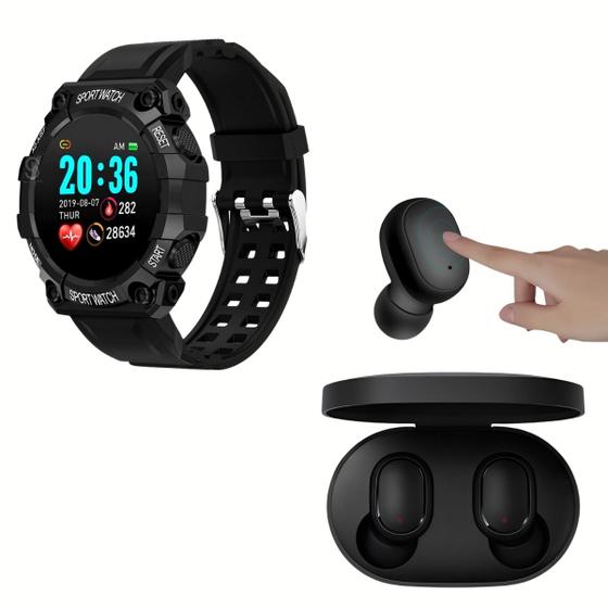 Imagem de Kit Smartwatch Relógio Inteligente Shock Preto + Fone de Ouvido Bluetooth Sem Fio A6s Com Microfone