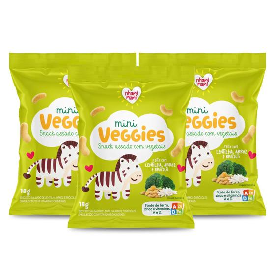 Imagem de Kit Snack Infantil Sem Glúten Lentilha Arroz e Brócolis - Mini Veggies Nhami Mami 3 Unidades 18g