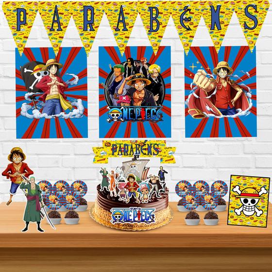 Imagem de Kit só um bolinho decoração One Piece Aniversário festa em casa banner, topo bolo