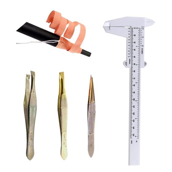 Imagem de Kit Sobrancelha Designer Acessórios Profissional Paquímetro 15Cm + Lápis Dermatografico e 3 Pinça