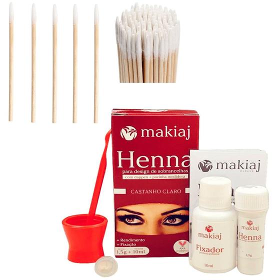 Imagem de Kit Sobrancelha Henna Com Fixador Makiaj + 100 Aplicador Com Algodão Rena Profissional