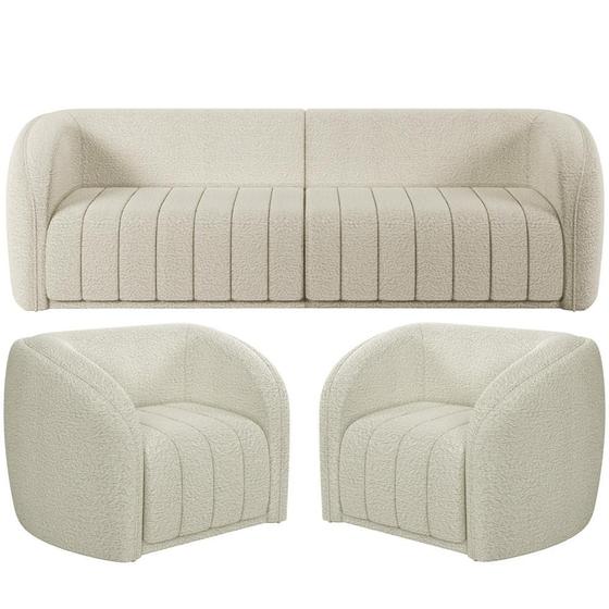 Imagem de Kit Sofá 04 Lugares Para Sala 292 cm com 02 Poltronas Lazio M03 Bouclê Bege Claro - Lyam Decor