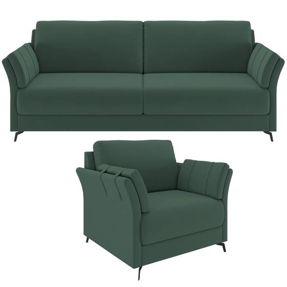 Imagem de Kit Sofá 2 Lugares 164cm com 01 Poltrona Álamo M03 Veludo Verde Musgo - Lyam Decor