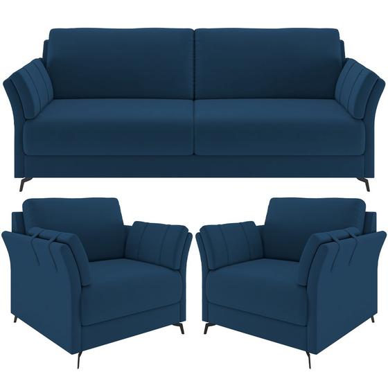 Imagem de Kit Sofá 2 Lugares 164cm com 02 Poltrona Álamo M03 Veludo Azul Marinho  - Lyam Decor