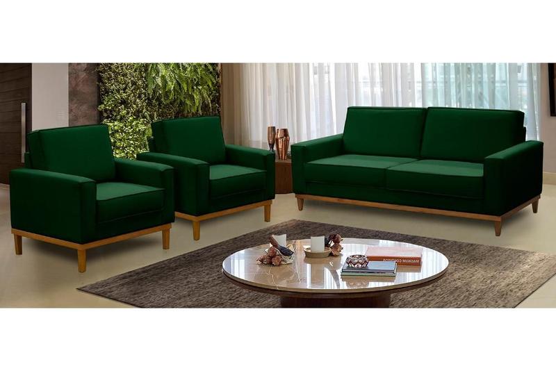 Imagem de Kit Sofá 2 Lugares 1,80m e 2 Poltronas Living Lavinia Linho Verde Adonai Estofados