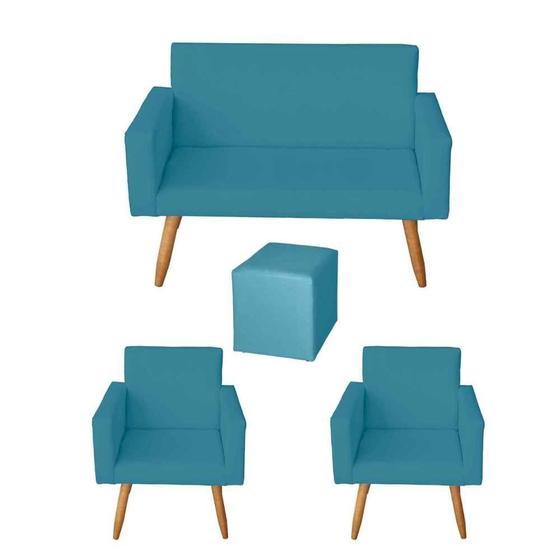 Imagem de Kit Sofá 2 Lugares e 2 Poltrona para Sala Lina e 1 Puff  Quadrado Suede Azul Turquesa - Móveis Mafer