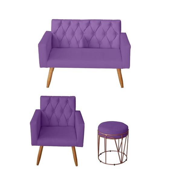 Imagem de Kit Sofá 2 Lugares e Poltrona para Sala Bianca Capitonê e Puff Babu Suede Roxo - Móveis Mafer