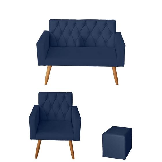 Imagem de Kit Sofá 2 Lugares e Poltrona para Sala Bianca Capitonê e Puff Quadrado Suede Azul Marinho - Móveis Mafer