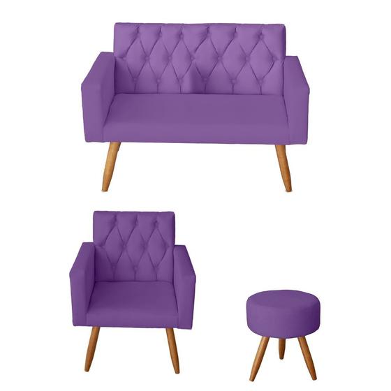 Imagem de Kit Sofá 2 Lugares e Poltrona Para Sala Bianca Capitonê e Puff Redondo Suede Roxo - Móveis Mafer