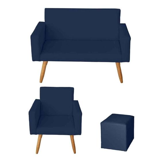 Imagem de Kit Sofá 2 Lugares e Poltrona para Sala Lina e 1 Puff  Quadrado material sintético Azul Bebê - Móveis Mafer
