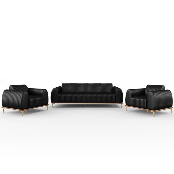 Kit Sofá 3 Lugares 210cm Com 2 Poltronas Molino Pés D'ouro D02 Material Sintético Preto B-159 - Lyam Decor Menor preço em Kit Sofá 3 Lugares 210cm Com 2 Poltronas Molino Pés D'ouro D02 Material Sintético Preto B-159 - Lyam Decor