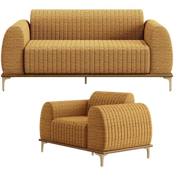 Imagem de Kit Sofá 3 Lugares 210cm com Poltrona Molino Base Castanho Pés D'ouro D02 Prime Bouclê Mostarda PB-03 - Lyam Decor