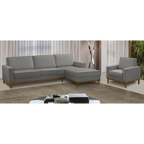 Imagem de Kit Sofá 3 Lugares 2,10m com Chaise LD e Poltrona Living Gabi Linho Cinza Madelina Decor