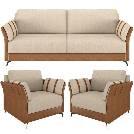 Imagem de Kit Sofá 3 Lugares 223cm Com 02 Poltrona Álamo M03 material sintético Whisky Linho Bege - Lyam Decor