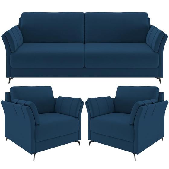 Imagem de Kit Sofá 3 Lugares 223cm com 02 Poltrona Álamo M03 Veludo Azul Marinho  - Lyam Decor