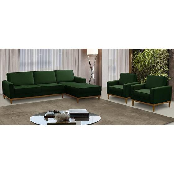 Imagem de Kit Sofá 3 Lugares 2,60m com Chaise LD e 2 Poltronas Living Gabi Linho Verde Madelina Decor