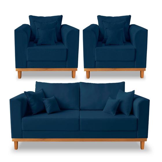 Imagem de Kit Sofá 3 Lugares e 2 Poltronas Beny Viena Com Almofadas Decorativa Linho Azul - Madeira Prima Deccor