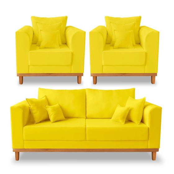 Imagem de Kit Sofá 3 Lugares e 2 Poltronas Beny Viena Com Almofadas Decorativa Suede Amarelo - Madeira Prima Deccor