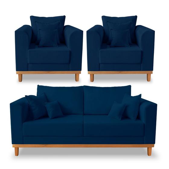 Imagem de Kit Sofá 3 Lugares e 2 Poltronas Beny Viena Com Almofadas Decorativa Suede Azul - Madeira Prima Deccor