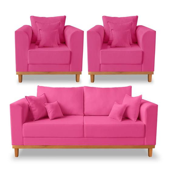 Imagem de Kit Sofá 3 Lugares e 2 Poltronas Beny Viena Com Almofadas Decorativa Suede Pink - Madeira Prima Deccor