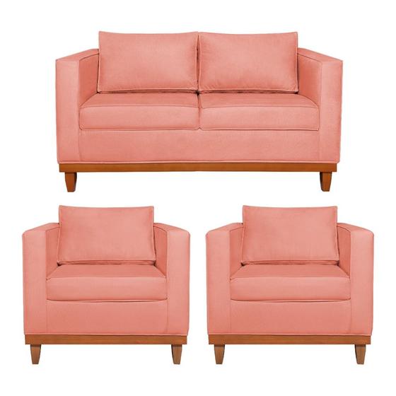 Imagem de Kit Sofá 3 Lugares e 2 Poltronas Europa 180 cm Estilo Conforto e Elegância Suede Coral - Amarena Móveis