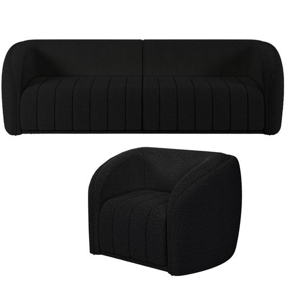 Imagem de Kit Sofá 4 Lugares Para Sala 252cm com 01 Poltrona Lazio M03 Bouclê Preto - Lyam Decor