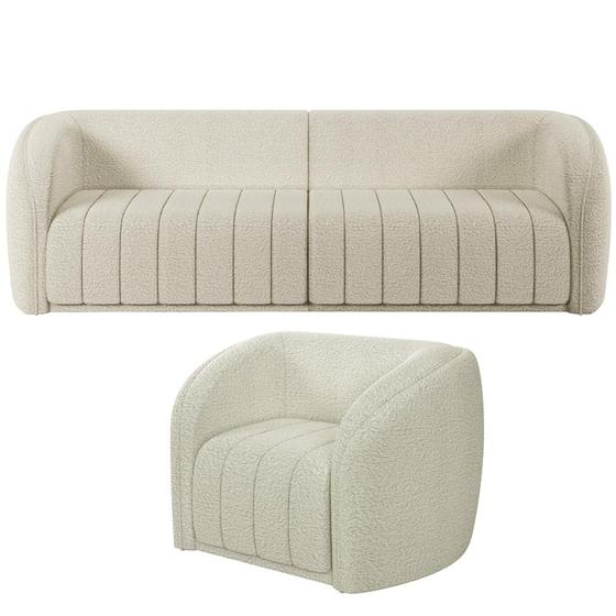 Imagem de Kit Sofá 4 Lugares Para Sala Estar 252 cm com 01 Poltrona Lazio M03 Bouclê Bege Claro - Lyam Decor