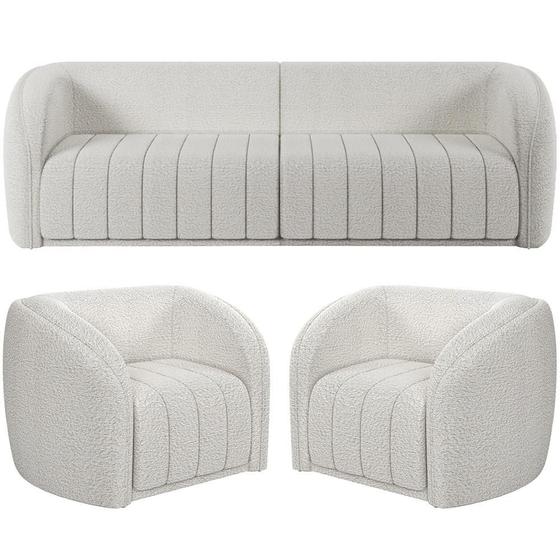 Imagem de Kit Sofá 5 Lugares Para Sala 332cm com 02 Poltronas Lazio M03 Bouclê Branco - Lyam Decor