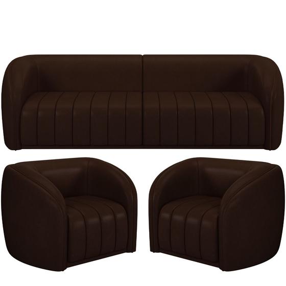 Imagem de Kit Sofá 5 Lugares Para Sala 332cm com 02 Poltronas Lazio M03 Corano Marrom - Lyam Decor