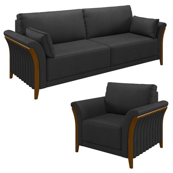 Imagem de Kit Sofá Living 3 Lugares e Poltrona 102cm Pés Madeira Roya M22 PU Preto - Mpozenato