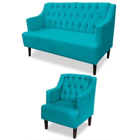 Kit Sofá Namoradeira 120 cm + Poltrona Classic Capitonê Suede Azul