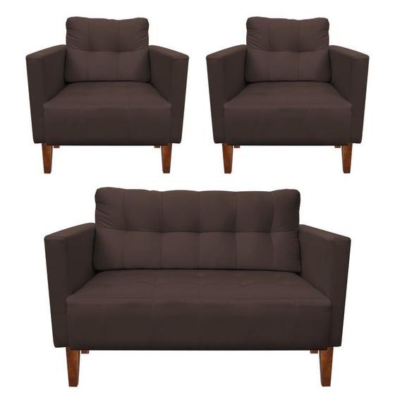 Imagem de Kit Sofá Retrô Namoradeira 2 Lugares e 02 Poltronas Livia Suede Marrom - D'Rossi